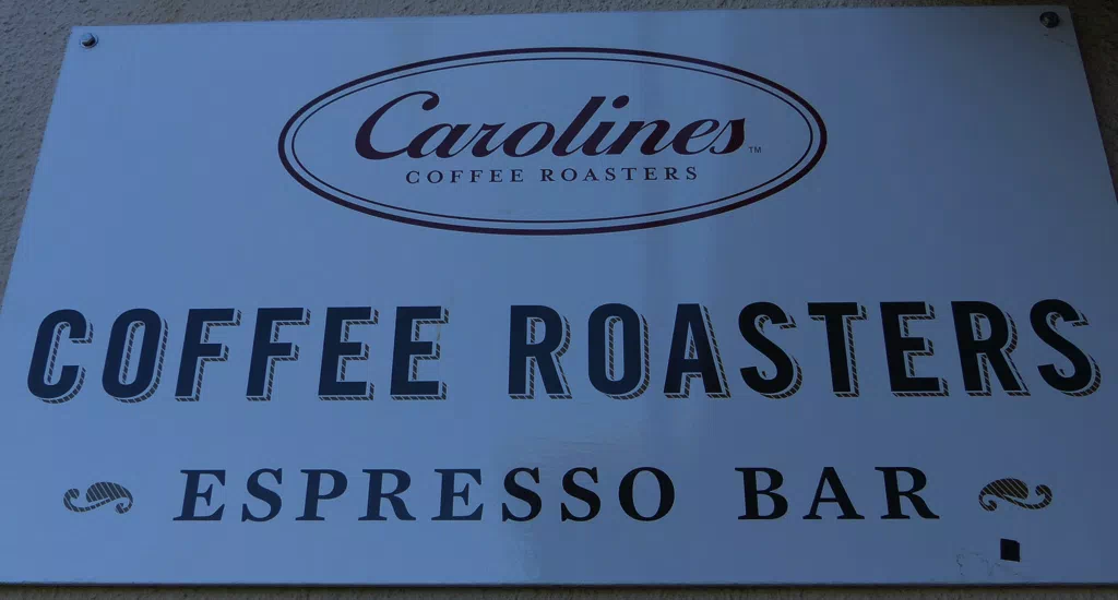 The Carolines Coffee Roasters sign in Grass Valley, California.